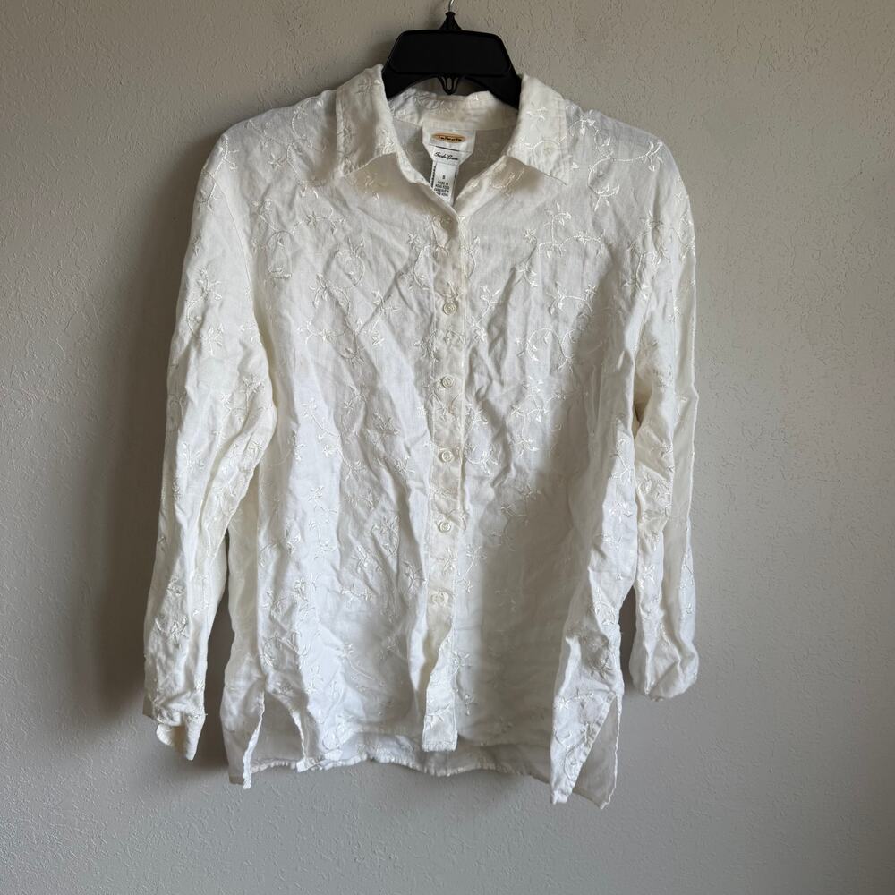 Vintage 90s Talbots 100% Irish Linen Floral Embroidered Button Up Blouse Women S